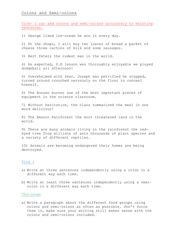 Grammar- Colons and Semi-Colons Yr 5/6
