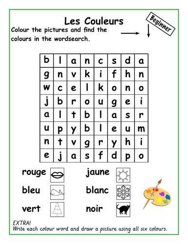 Basic French colours and numbers wordsearches.  