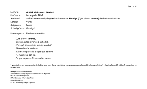 Análisis estructural y lingüística-literaria de Ojos claros, serenos de Gutierre de Cetina