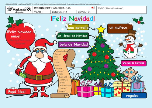 SPANISH-ALL ABOUT CHRISTMAS-Y3-Y4: Christmas decoration/ Quiz/ Song lyrics/ Cut-out masks/ Poster