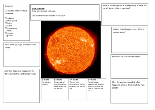 QWC Writing Frame with picture prompt - Lifecycle of a Star