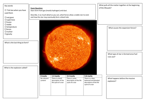 QWC Writing Frame with picture prompt - Lifecycle of a Star to Supernova