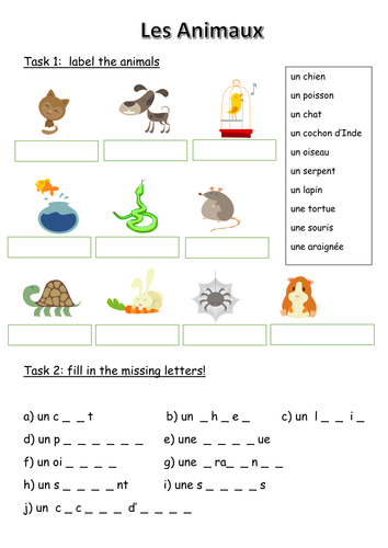 Les Animaux -  French animals worksheet 