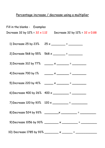 Percentage increase and decrease using a multiplier - Fill in the