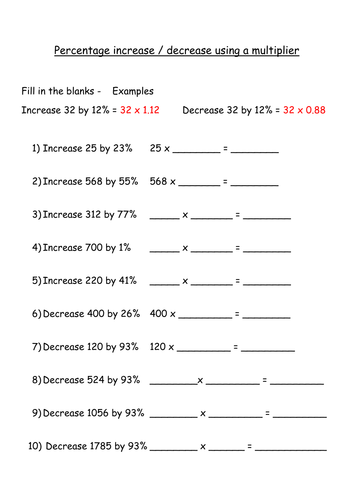 Percentage increase and decrease using a multiplier  Fill in the blanks by jenitta  Teaching 