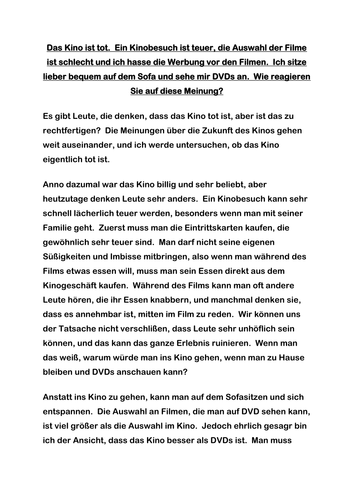 AS GERMAN GERM1 Kino Model Essay Writing Question Das Kino ist tot