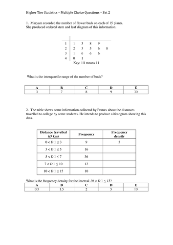 Math Statistics Grade 8+; two sets multiple-choice questions. Starters, H/W, plenary