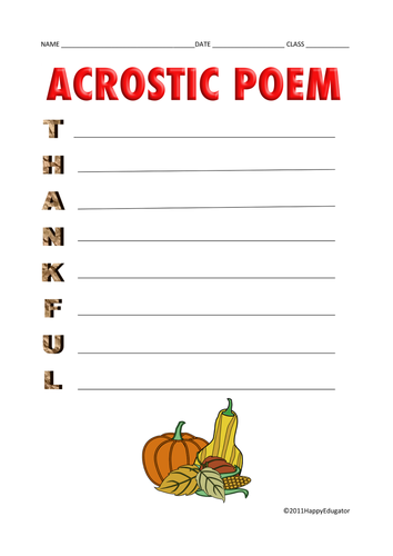 Thanksgiving Acrostic Poem Thankful Teaching Resources
