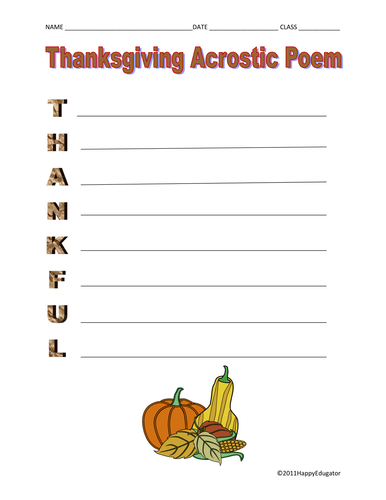 Thanksgiving Acrostic Poem - Thankful. 