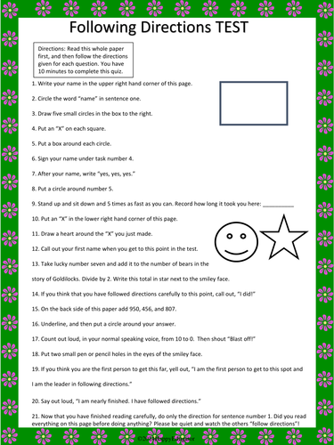 Following Directions TEST - a Tricky Following Directions Lesson