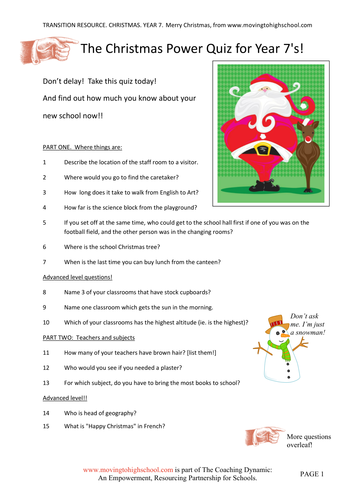 2015 Christmas Quiz for Year 7's:  See how much you know about high school now!