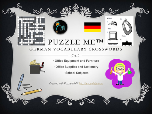 German Vocabulary - Office Furniture, Supplies and School Subjects Crossword Puzzles