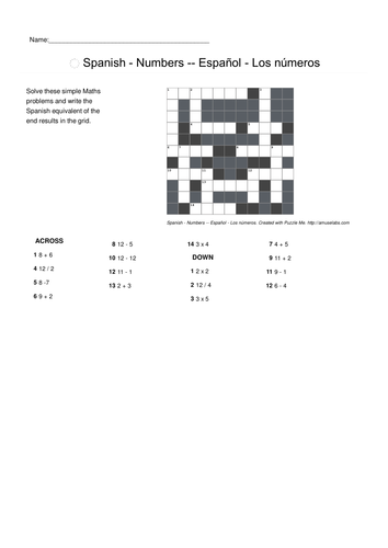 Spanish Vocabulary - Numbers Parts 1 and 2 Crossword Puzzles