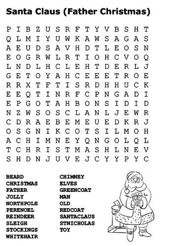 Father Christmas (Santa Claus) Word Search and Colour