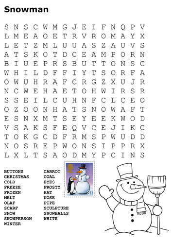 Snowman Word Search and Colour