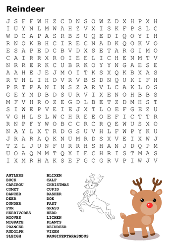Reindeer Word Search and Colour