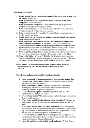 A2 AQA Sociology SCLY3 - Media end of unit revision "pub quiz" style questions!