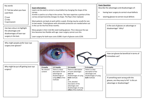 QWC Writing Frame with picture prompt - Laser Eye Surgery Vs. Glassess