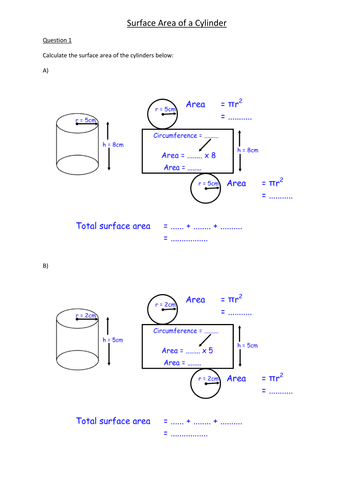 Simple Surface Area of a Cylinder - Progressive + ANSWERS