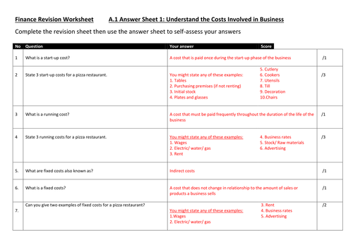 BTEC Business Level 2 Finance Test Papers/ Revision/ Worksheets AND answers