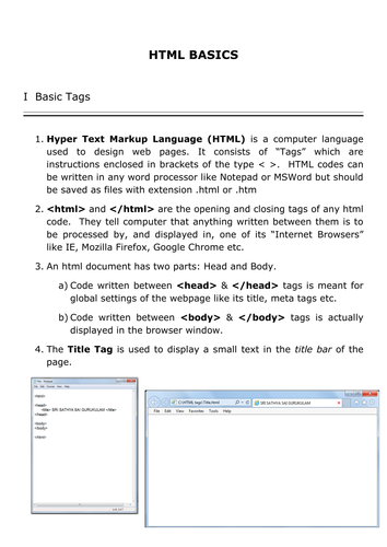 Basic HTML Tags Teaching Resources