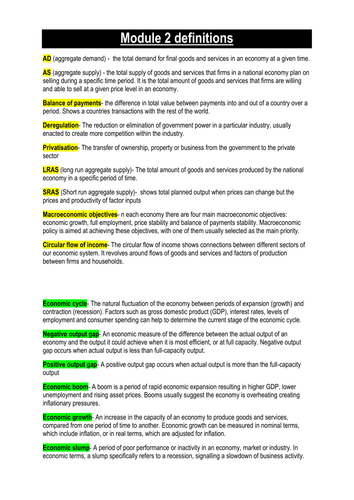 AQA economics module 2 As/A2 level key definitions
