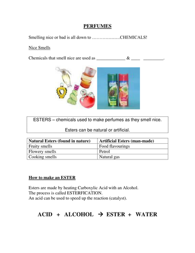 GCSE Chemistry(Foundation/SEN): Perfumes,l, states of matter, solubility, insoluble (9 sheets)