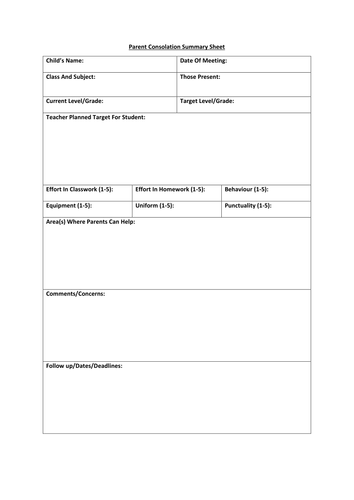 Parents Meeting Summary Sheet