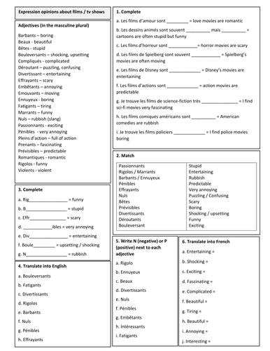 worksheet builder vocabulary French KS3 on  movies Opinions Wordbuilder  (adjectives).