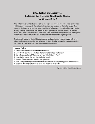 Florence Nightingale Theme and Worksheets (7-lesson addendum to 11-lesson theme)