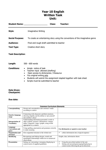 Creative Short  Story Task  template.