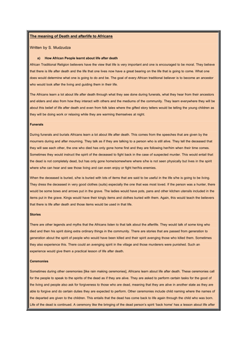 Beliefs on Death and Afterlife for African Traditional Religions