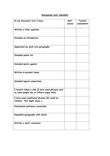 Discussion text checklist by krisgreg30 - Teaching 