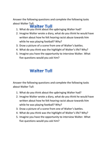 Walter Tull Task Sheet