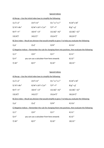 Basic Zero and Negative Indices Worksheet + Answers