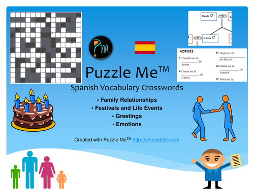 Spanish Vocabulary - Family, Greetings, Emotions Crossword Puzzles