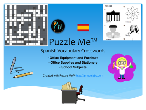Spanish Vocabulary - Office Furniture, Supplies and School Subjects Crossword Puzzles