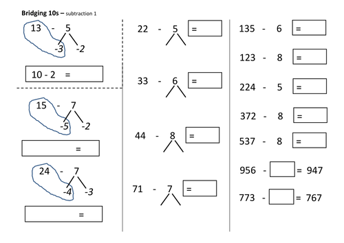 bridging across 10 to subtract 1 teaching resources