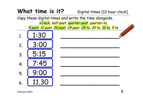 Telling the time from a digital clock [12 hour clock and 24 hour clock] mixed 5 min intervals, cards