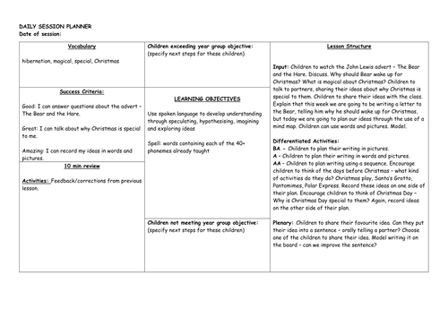Year 1 English Planning based on John Lewis' The Bear and the Hare Christmas advert