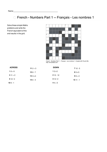 French Vocabulary - Numbers Parts 1 and 2 Crossword Puzzles