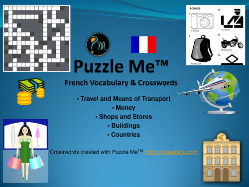 French Vocabulary - Travel, Buildings and Money Crossword Puzzles