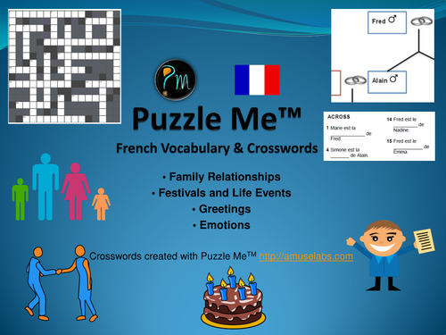 French Vocabulary - Family, Greetings, Emotions Crossword Puzzles