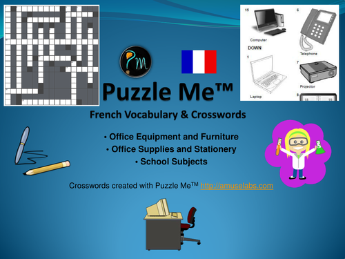 French Vocabulary - Office Furniture, Supplies and School Subjects Crossword Puzzles