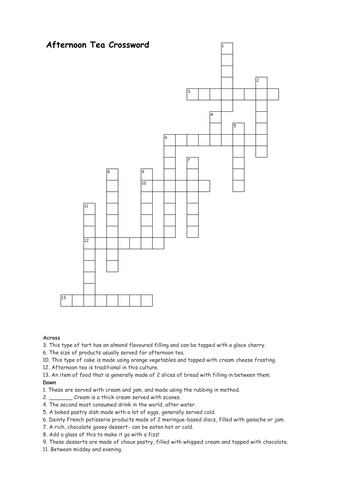 Afternoon Tea crossword by Nataliejane1807 Teaching Resources Tes