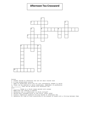 Afternoon Tea Crossword (Higher Ability) by Nataliejane1807 Teaching