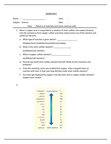 Worksheet reactivity series and displacement reactions