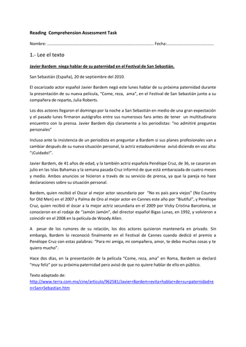 Reading Comprehension test - Preterit 