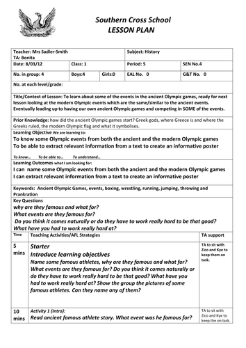 Past Olympic Games Lesson plan and Resources