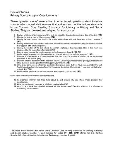 Social Studies Analysis Question Stems